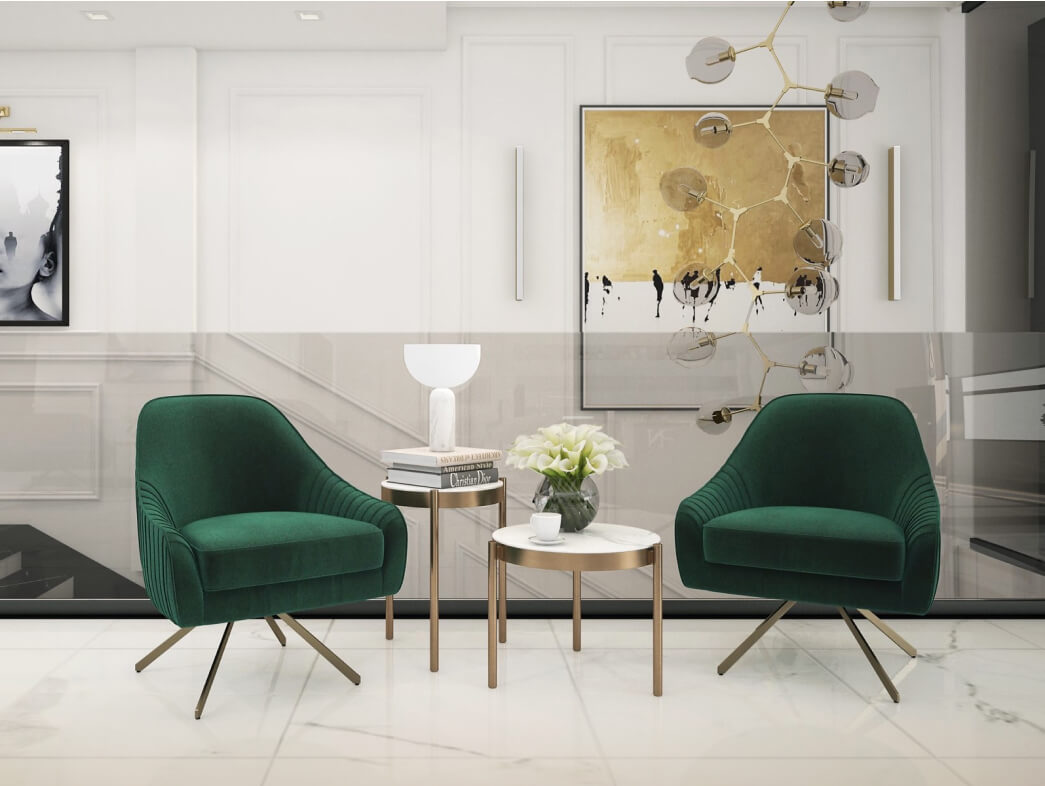 elegantan prostor, dve zelene fotelje, mermerni pod, velika slika na zidu