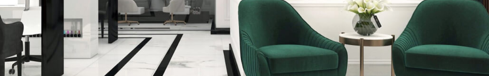dve zelene fotelje, mermer, enterijer premium salona